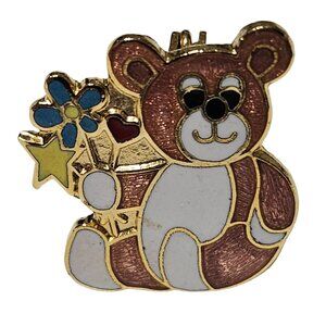 Vintage 80s TFS Bear Flowers and Stars Enamel Lapel Pin Retro Fashion Jewelry